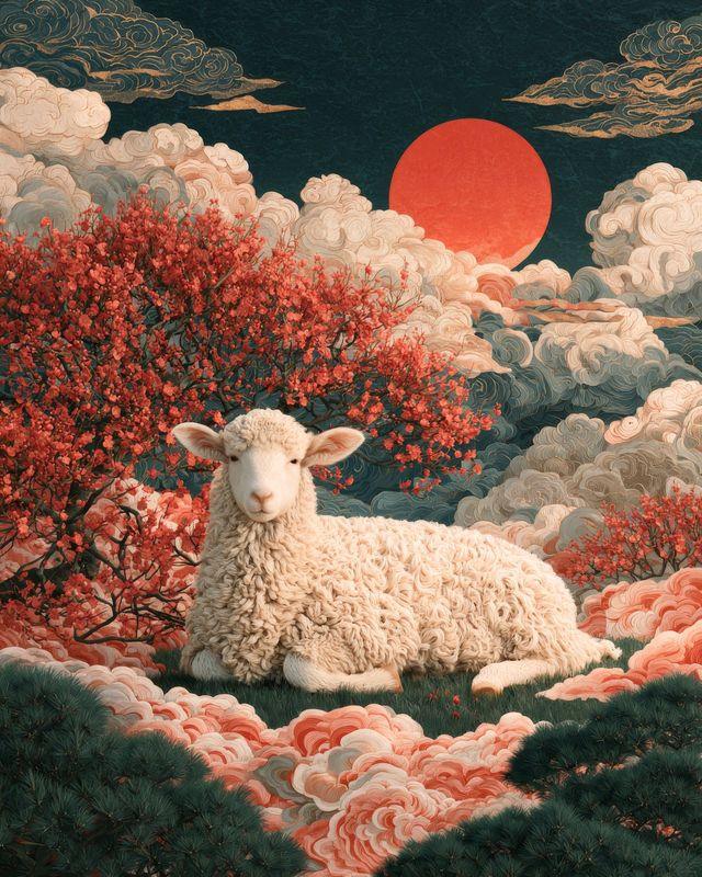 A white sheep resting among pink clouds and red trees beneath a red sun
